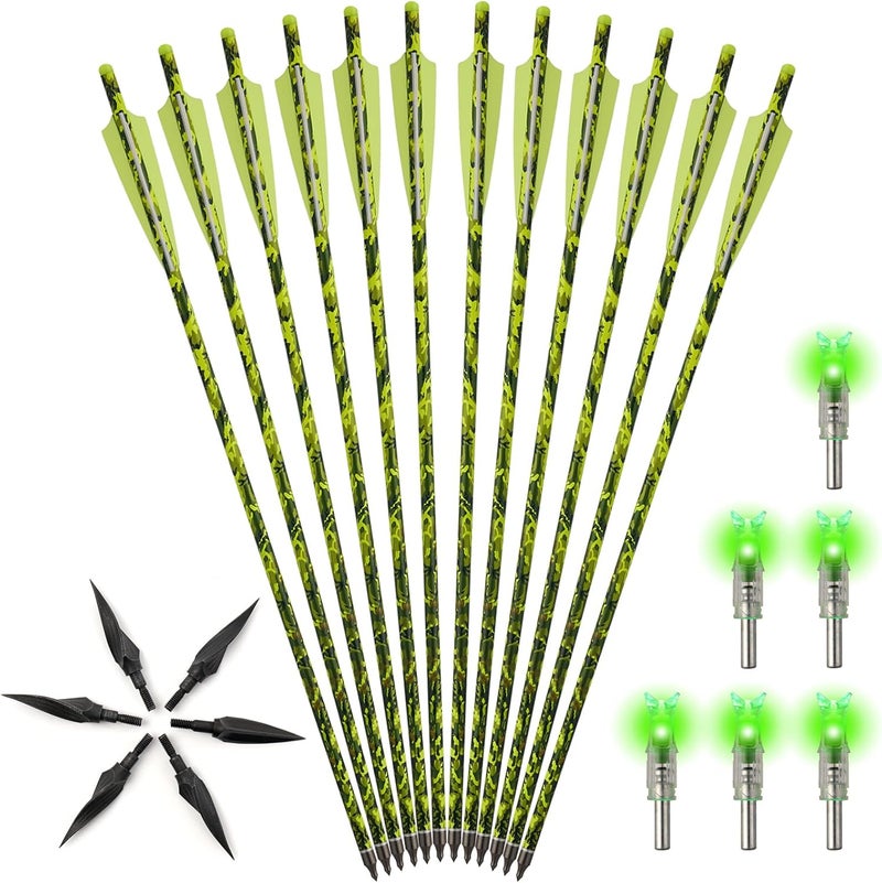 sf. 20 inch Crossbow Bolt Carbon Crossbow Arrow 12 Pcs with 6 Green Lighted Nock, Hunting and Outdoor Practice Lighted nocks for Arrows nockturnal Lighted nocks - Image 1